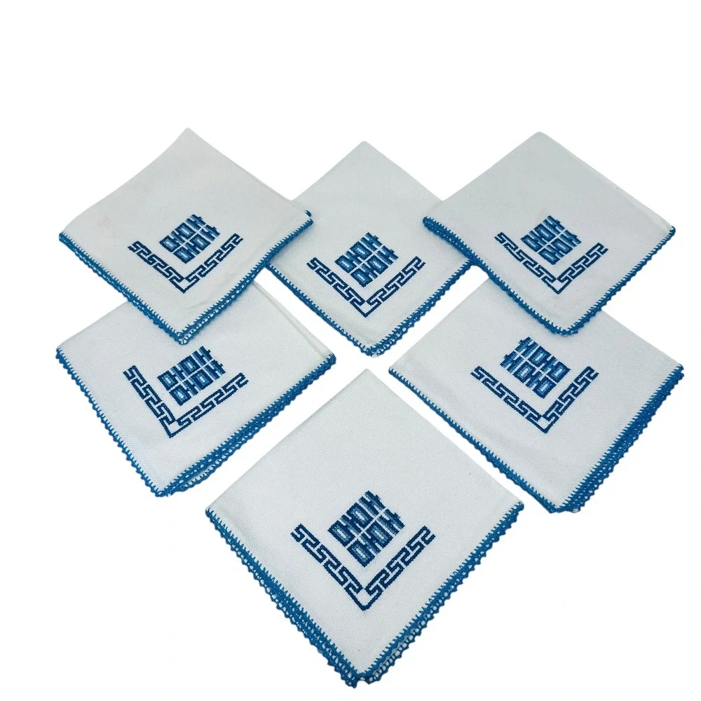 Set of 6 Blue Embroidered Greek Key‎ Linen Napkins Crochet Trim 18